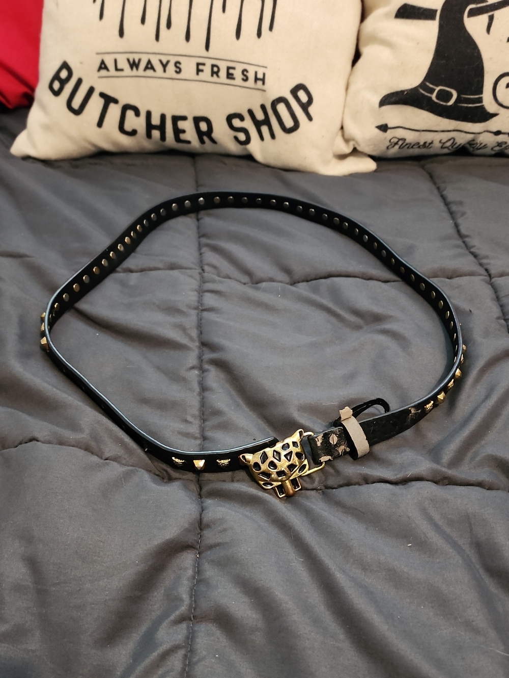 Cartier Style Black Studded Leopard Buckle Women's Skinny Belt